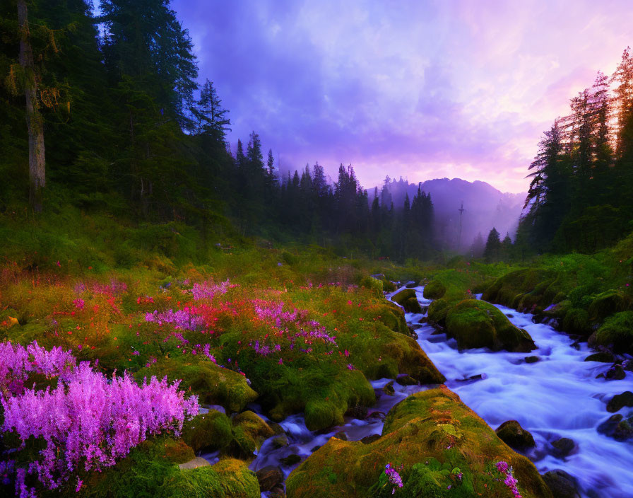 Tranquil Dusk Landscape with Stream and Wildflowers