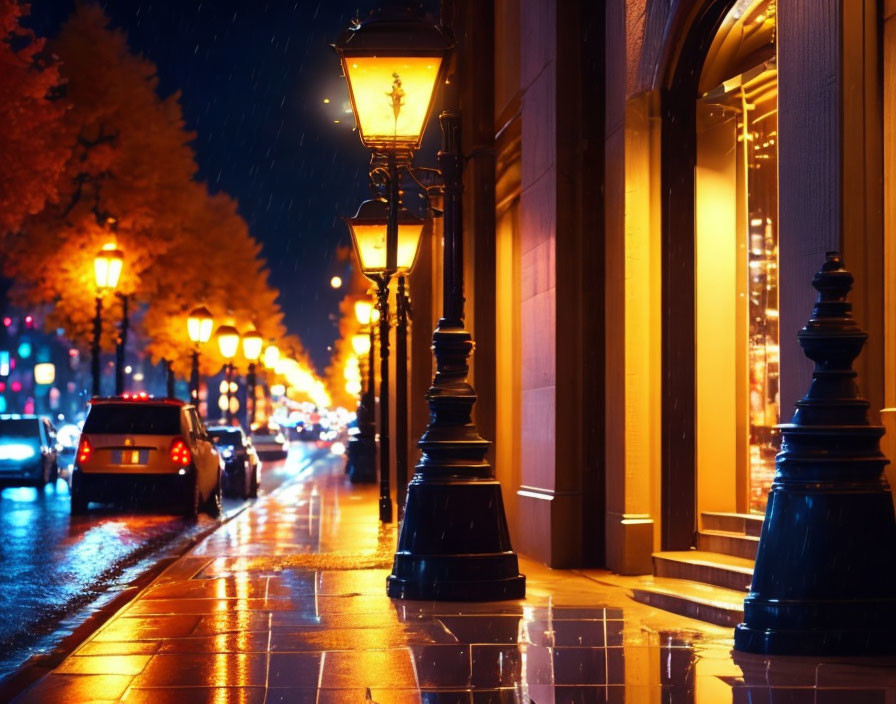 Vintage street lamps illuminate rainy city street with car in distance