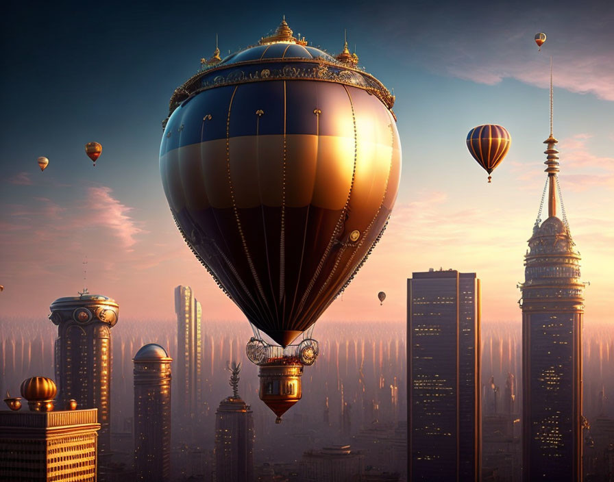 Fantastical cityscape at dawn with soaring hot air balloons among towering spires