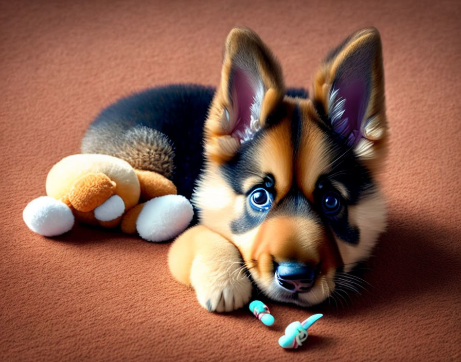 Adorable corgi puppy with plush toy and blue bone on textured surface