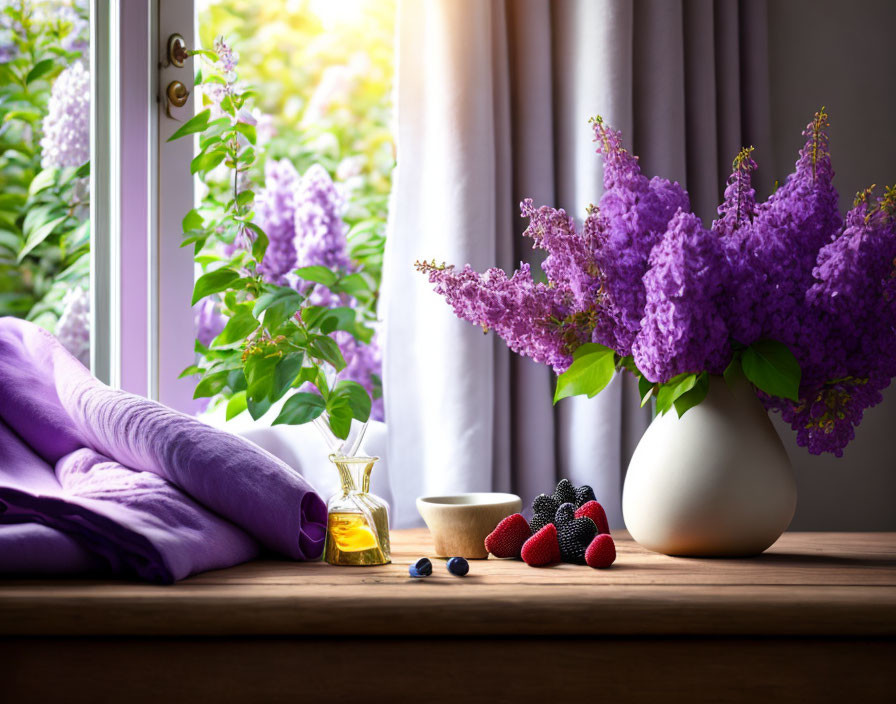 Windowsill Decor with Purple Lilacs, Berries, Candle, Oil Bottle, Throw & Greenery