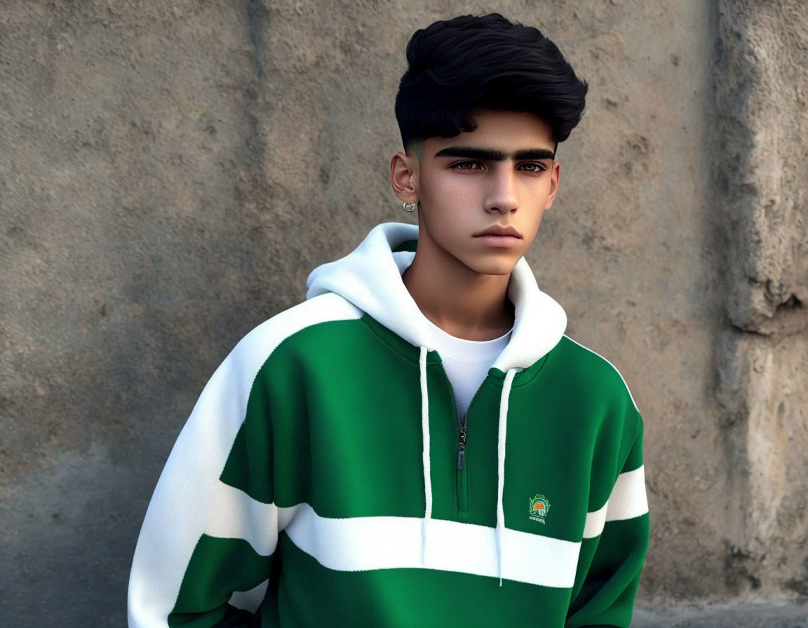 Young man with styled hair and piercing gaze in green and white hoodie