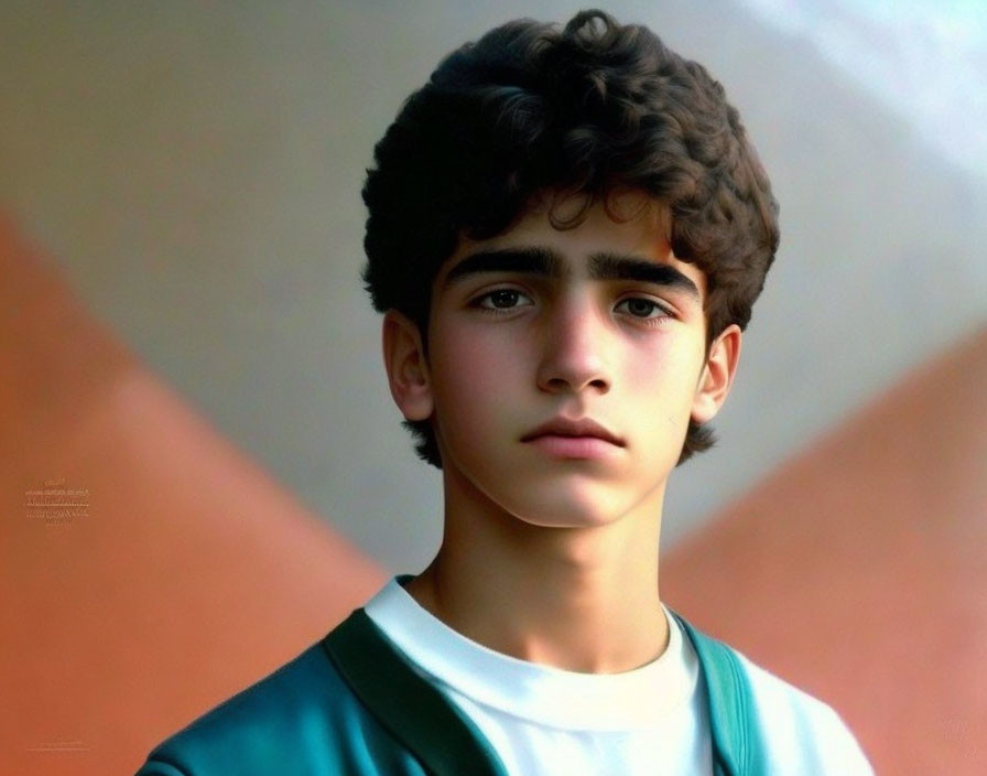 Portrait of young person with curly hair in green and white shirt