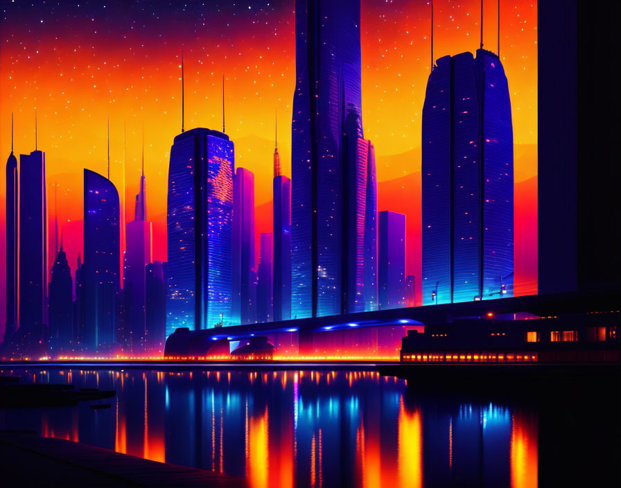 Futuristic cityscape at twilight with neon lights and skyscrapers