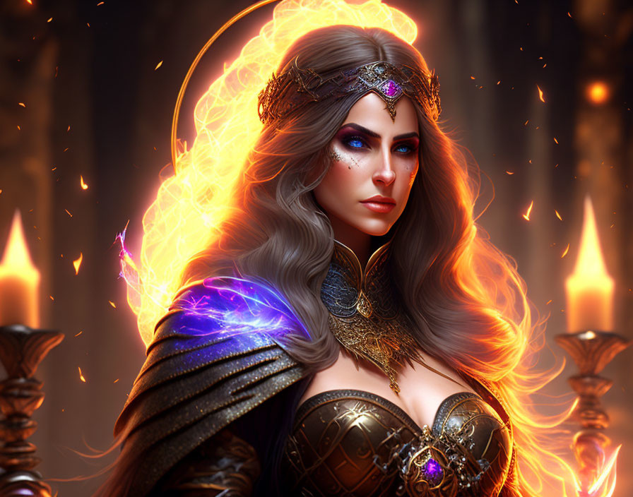 Fantasy character in golden armor with magical energy against fiery backdrop