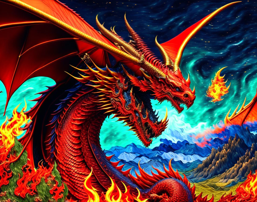 Red dragon breathing fire in fantasy landscape with mountains