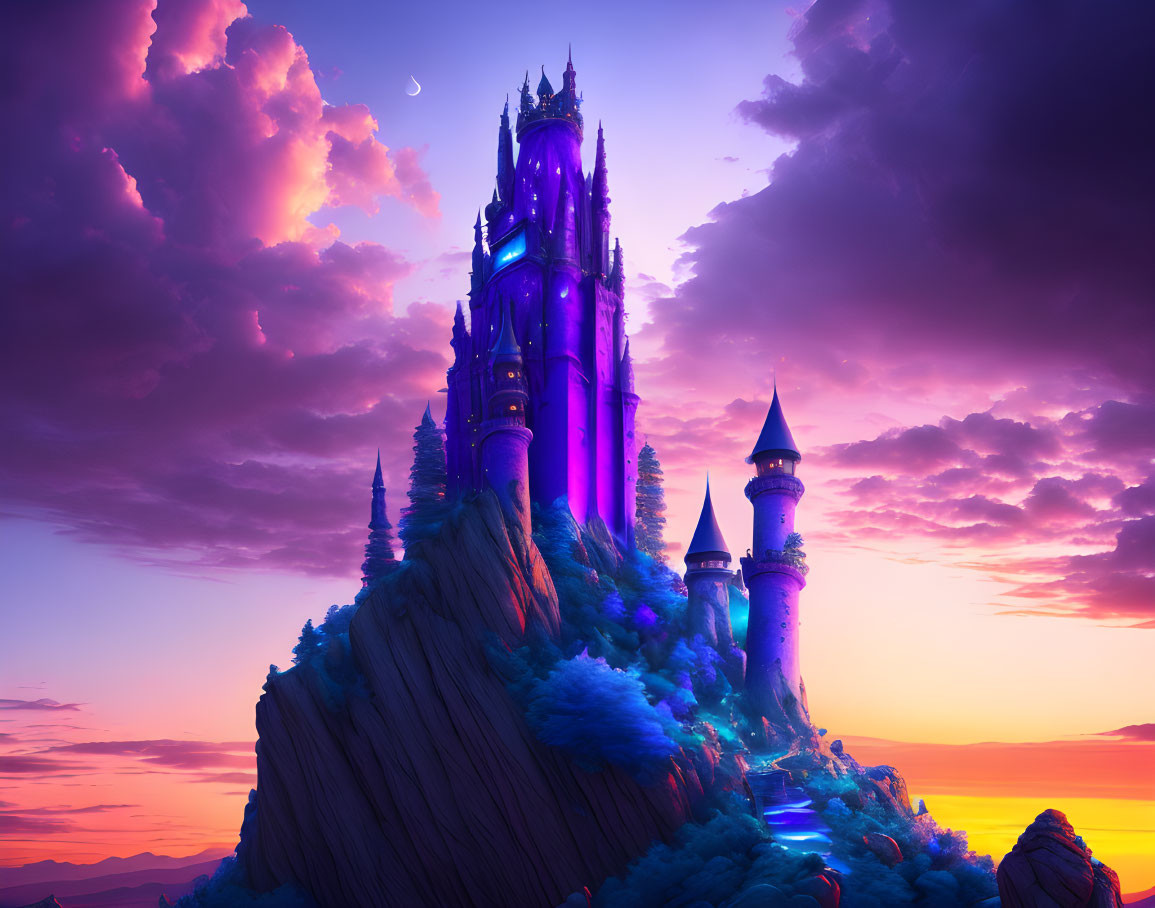 Purple Castle on Rocky Peak Amid Sunset Sky