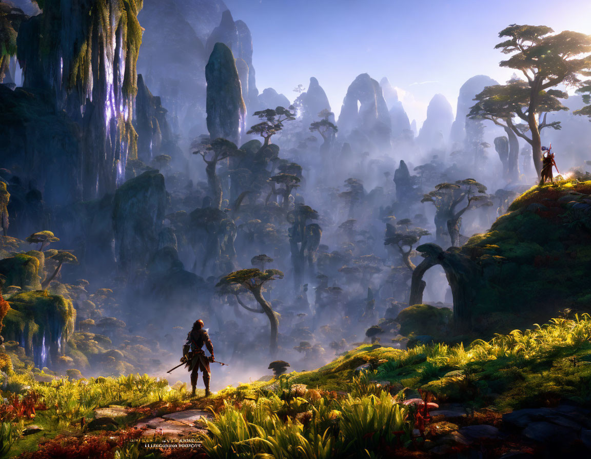 Mystic landscape with towering rocks, lush vegetation, and figures standing.