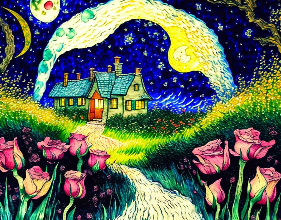 Whimsical painting of quaint house under starry sky