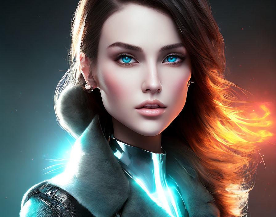 Digital art portrait of woman with blue eyes and fiery hair in futuristic attire.