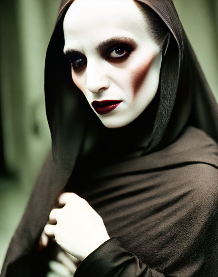 Intense gaze of person in dark makeup and hooded garment