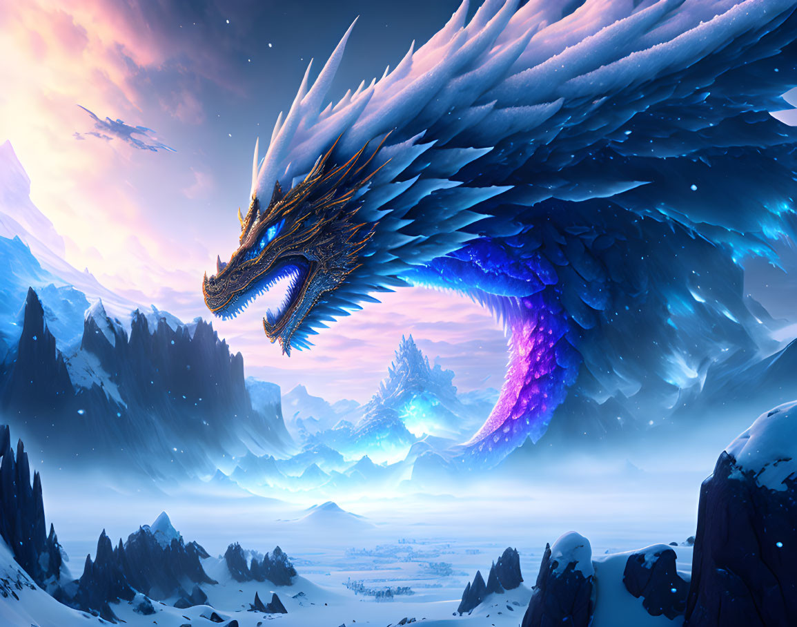 Blue dragon soaring over snowy mountainscape under ethereal light