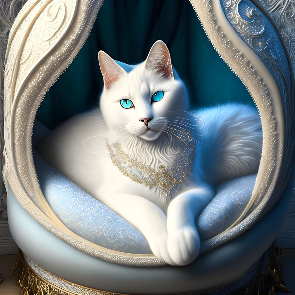 White Cat with Blue Eyes Resting on Ornate Blue Chair