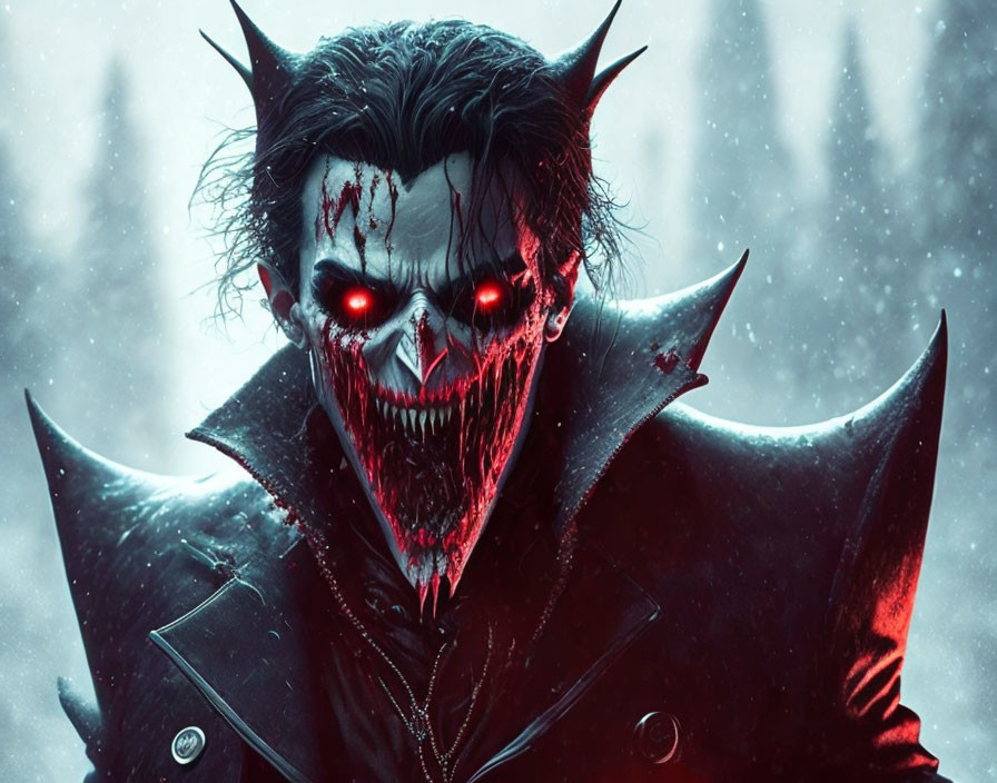 Sinister figure with glowing red eyes, demonic horns, sharp teeth, blood streaks, and black