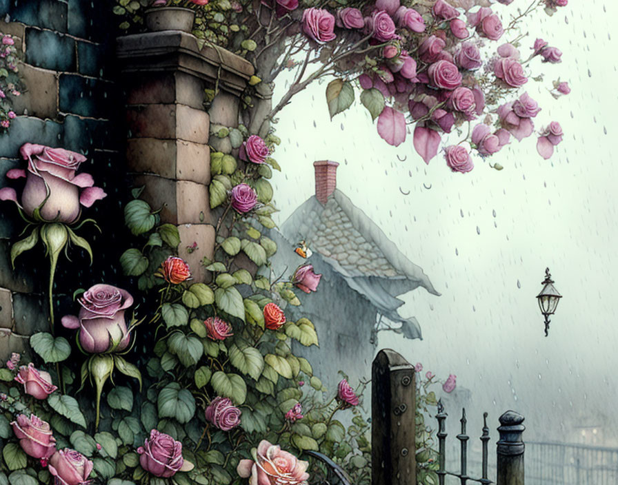 Tranquil cottage surrounded by greenery and pink roses on a rainy day