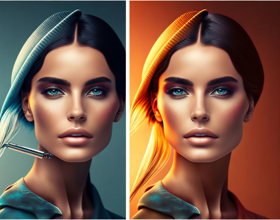 Color-changing headwear and makeup portraits in blue and orange tones