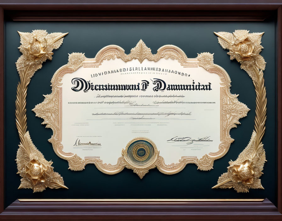 Elegant dark frame with gold accents on ornate certificate