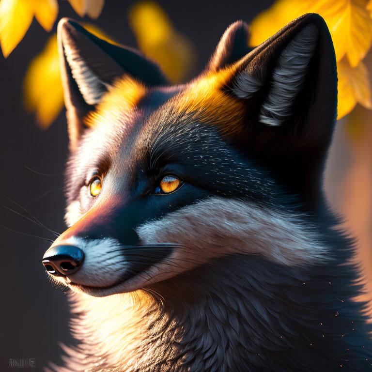 Vibrant orange fox with yellow eyes in autumn setting