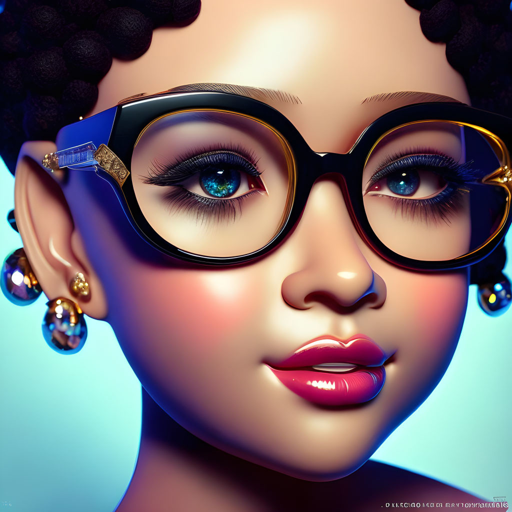 Stylized 3D character with glasses, curly hair, eyeliner, and glossy lips on