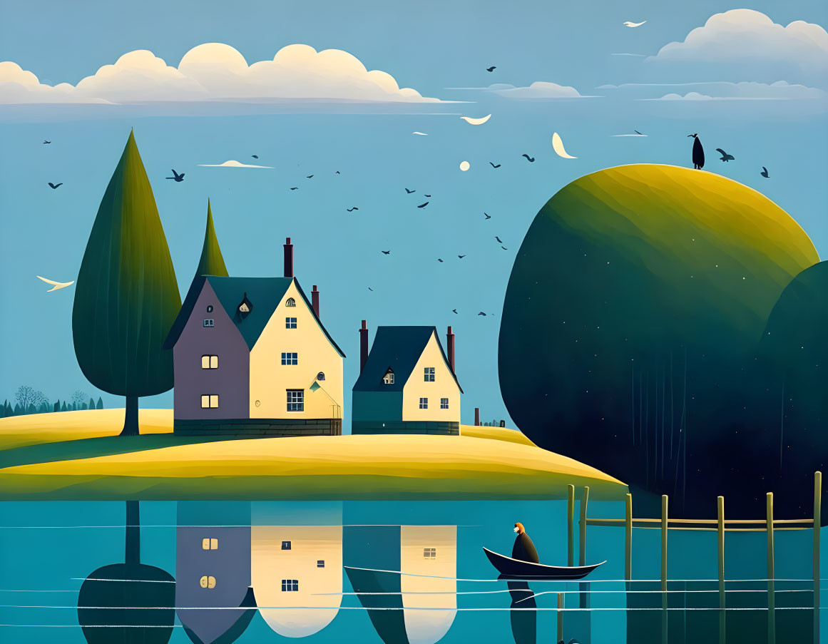 Illustration of serene lakeside scene with houses, boat, trees, birds, hills, and clouds