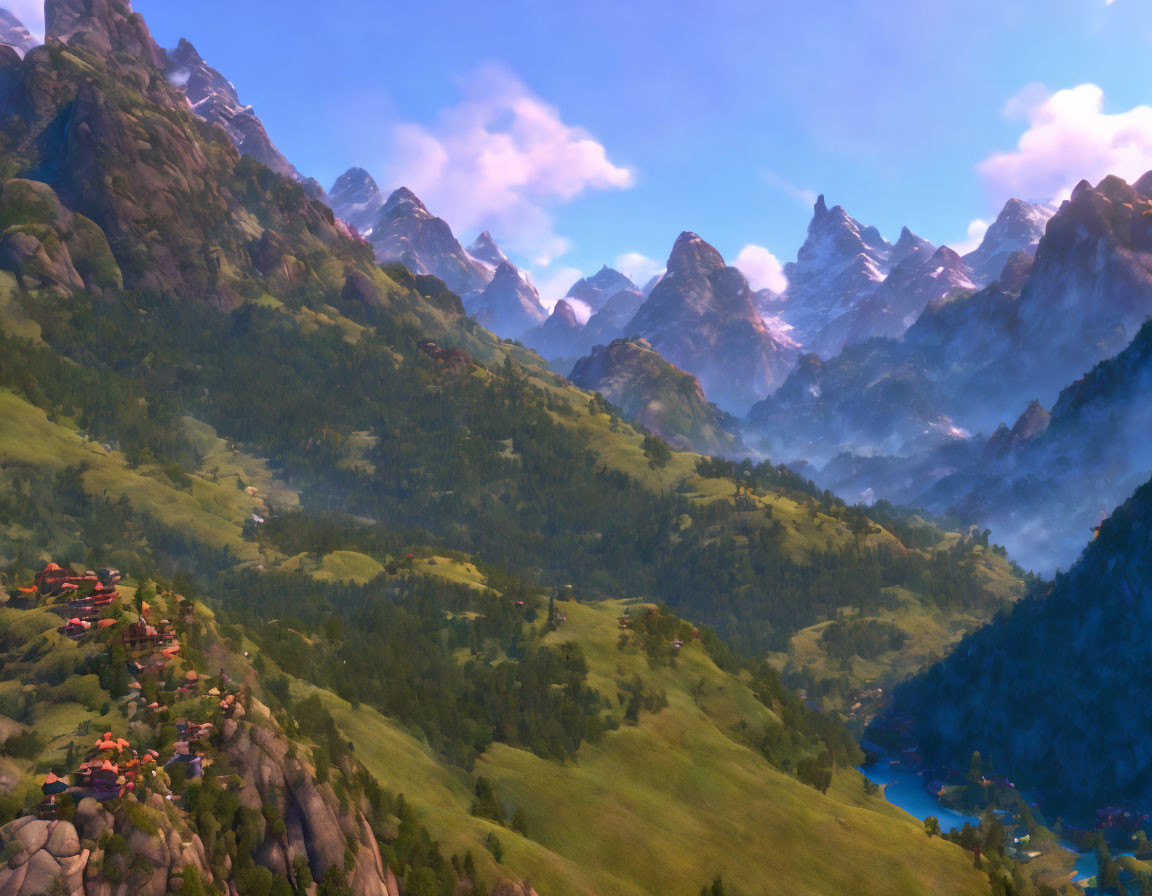 Digital landscape of tranquil mountain village under pink sky