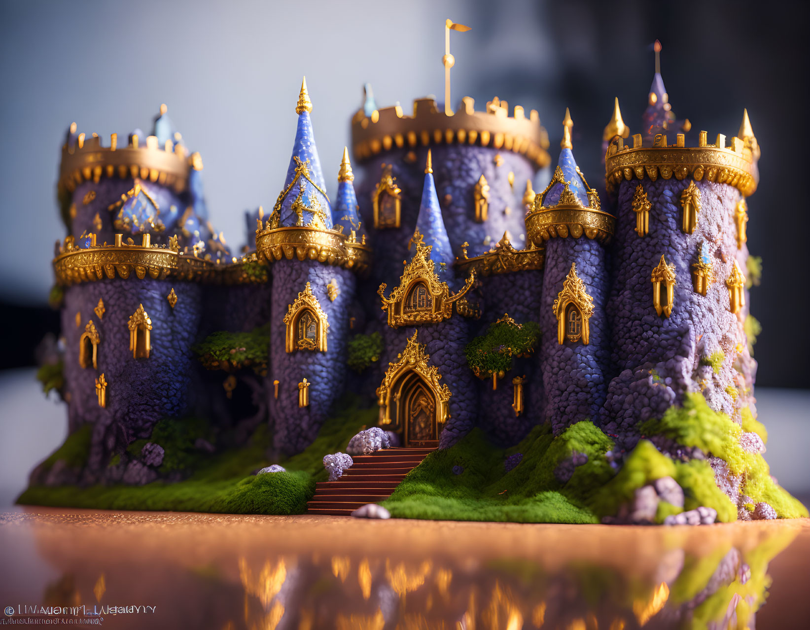 Miniature Castle with Blue Rooftops and Golden Accents in Reflecting Orange Light