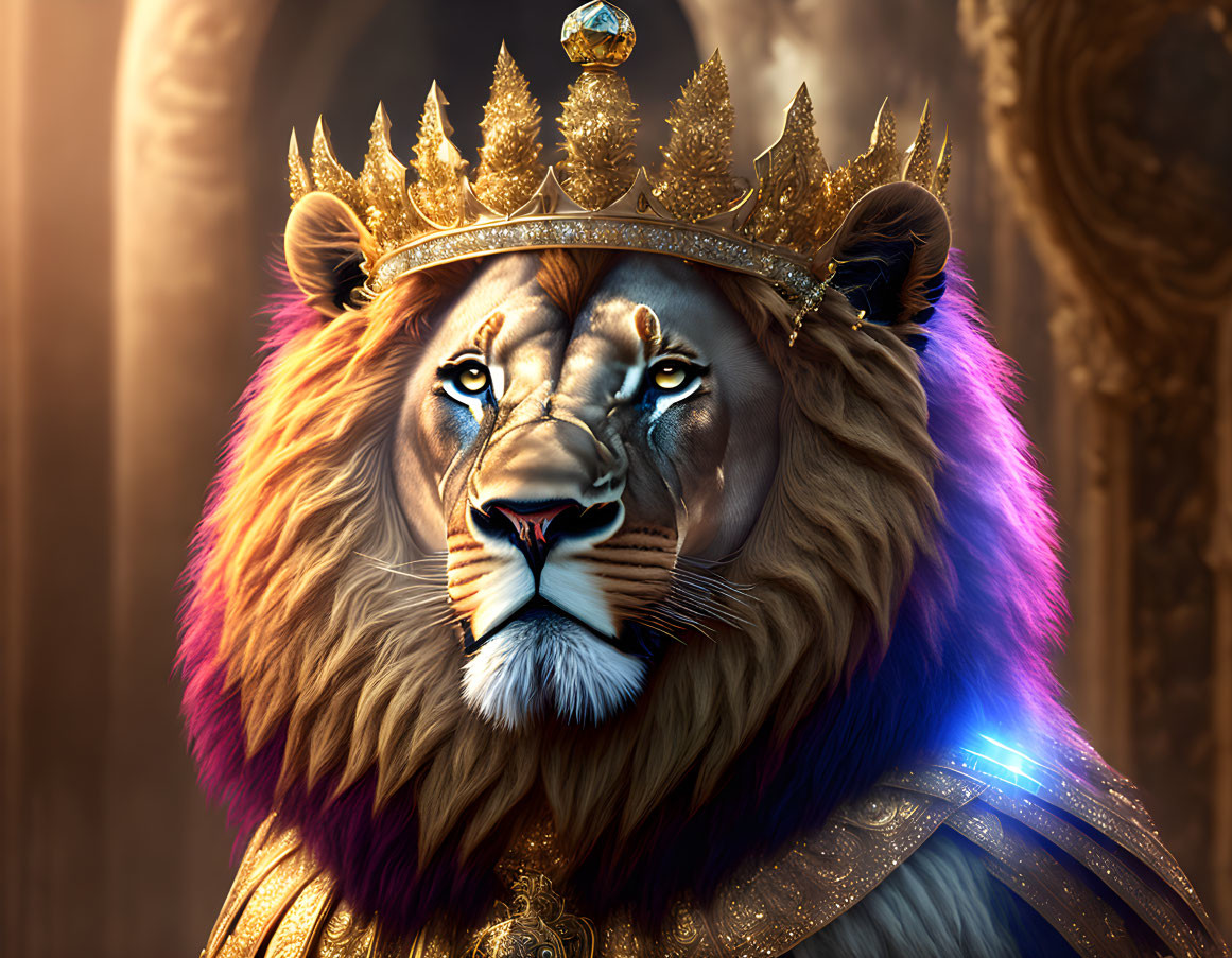 Regal lion with crown and cloak exudes power.