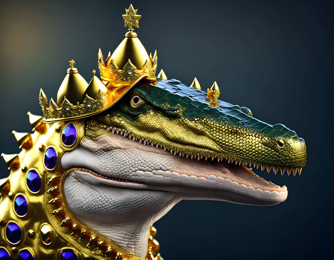 Digital art: Crocodile with golden crowns and jewels for a regal theme