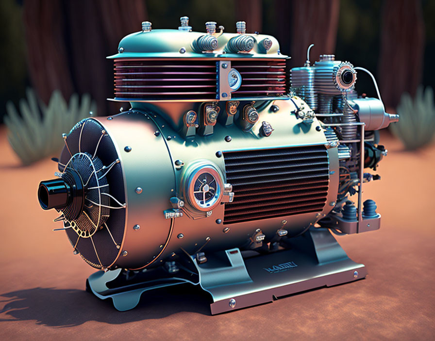 Detailed 3D-rendered futuristic engine with blue top, copper pipes, gauges, and large