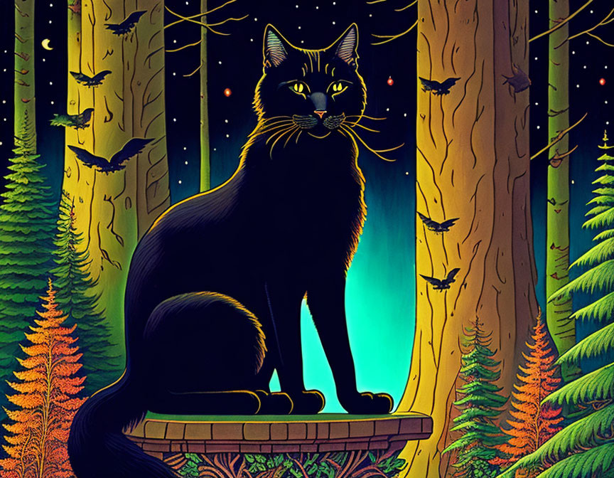 Black cat on pedestal in mystical forest at night with starry sky