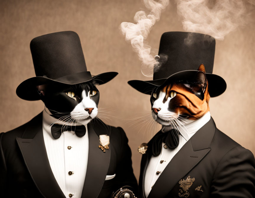 Two cats in suits and top hats with smoking hat in elegant style