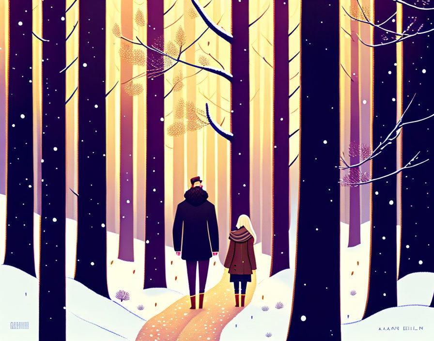 Snowy forest scene with two people walking under twilight sky