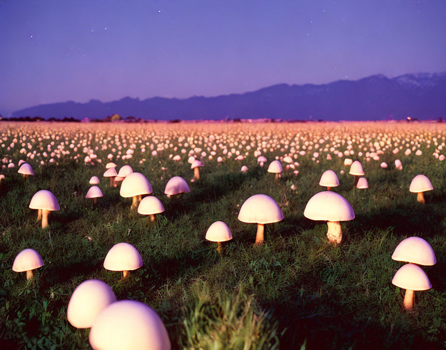 Twilight sky with large illuminated mushrooms