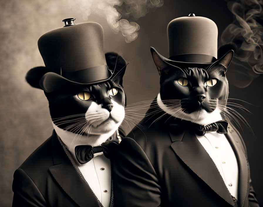 Sophisticated Cats in Top Hats, Bow Ties, and Monocles on Elegant Smoky