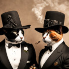 Two cats in suits and top hats with smoking hat in elegant style