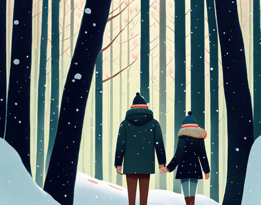 Couple walking in snowy forest with falling snowflakes