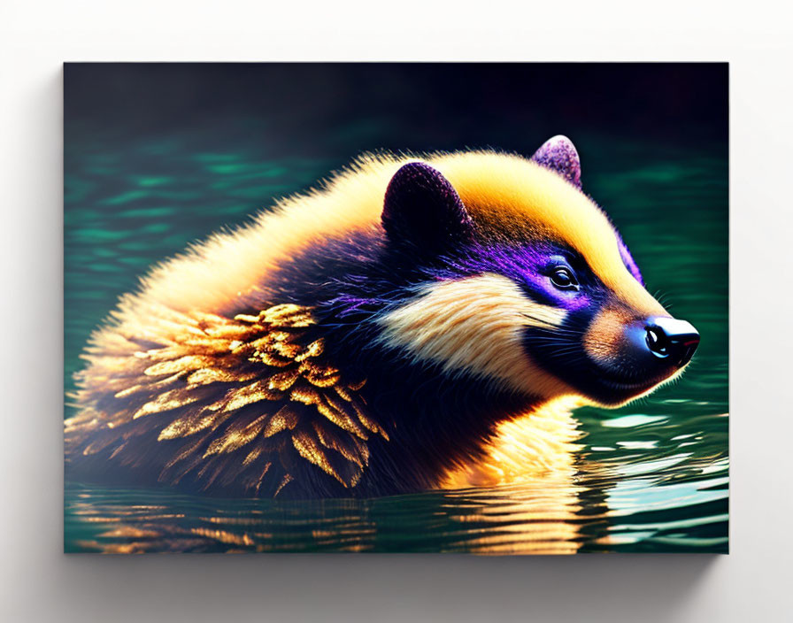 Vibrant purple, gold, and black badger-like creature in water on canvas