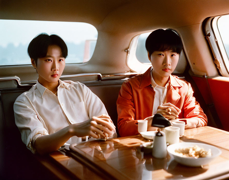 Two people in retro car booth: one in white shirt, one in orange jacket, meal table in