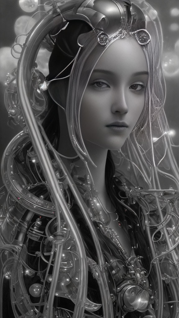 Monochromatic image of woman in intricate headdress and futuristic armor