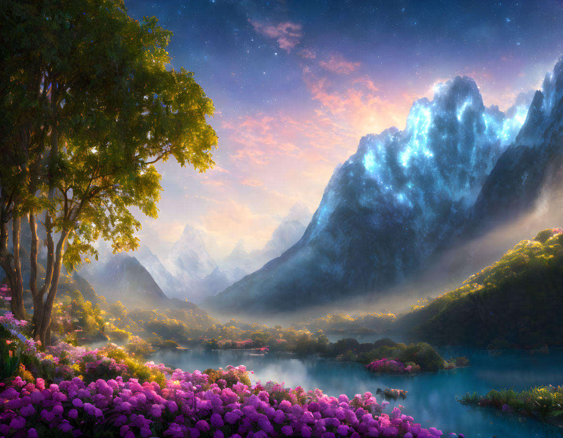 Fantasy landscape with pink flowers, lake, mountains, starry sky.