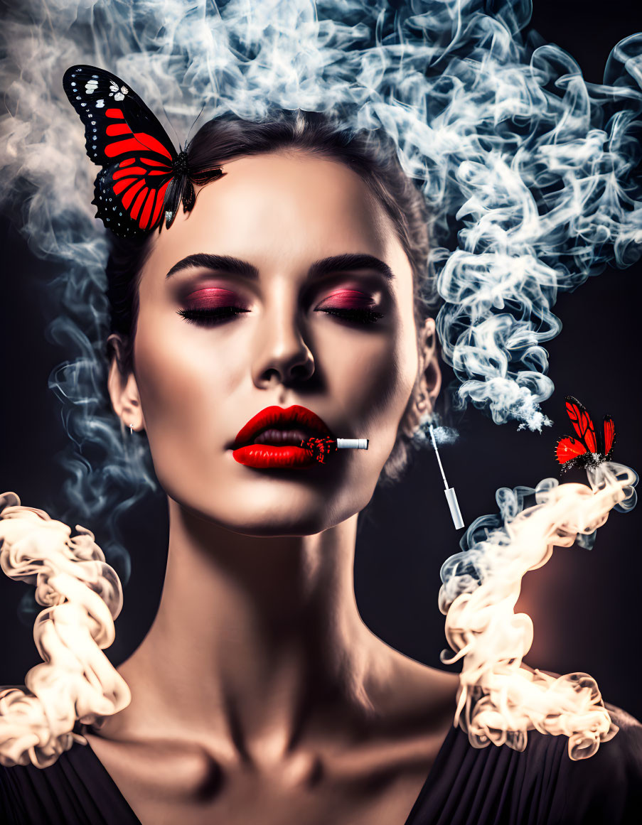 Woman with striking makeup and red lipstick smoking a cigarette with butterflies around her