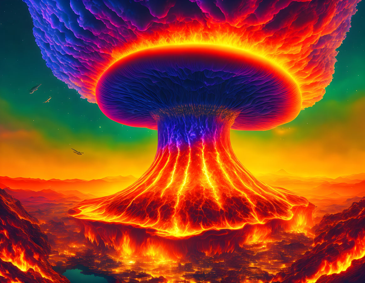 Digital artwork: Massive mushroom cloud over fiery landscape with helicopters.