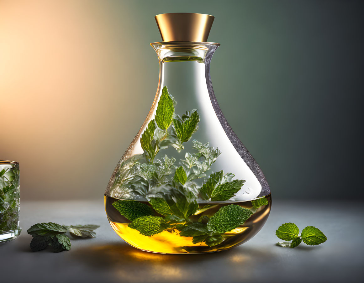 Golden-accented glass decanter with mint leaves and glass on table