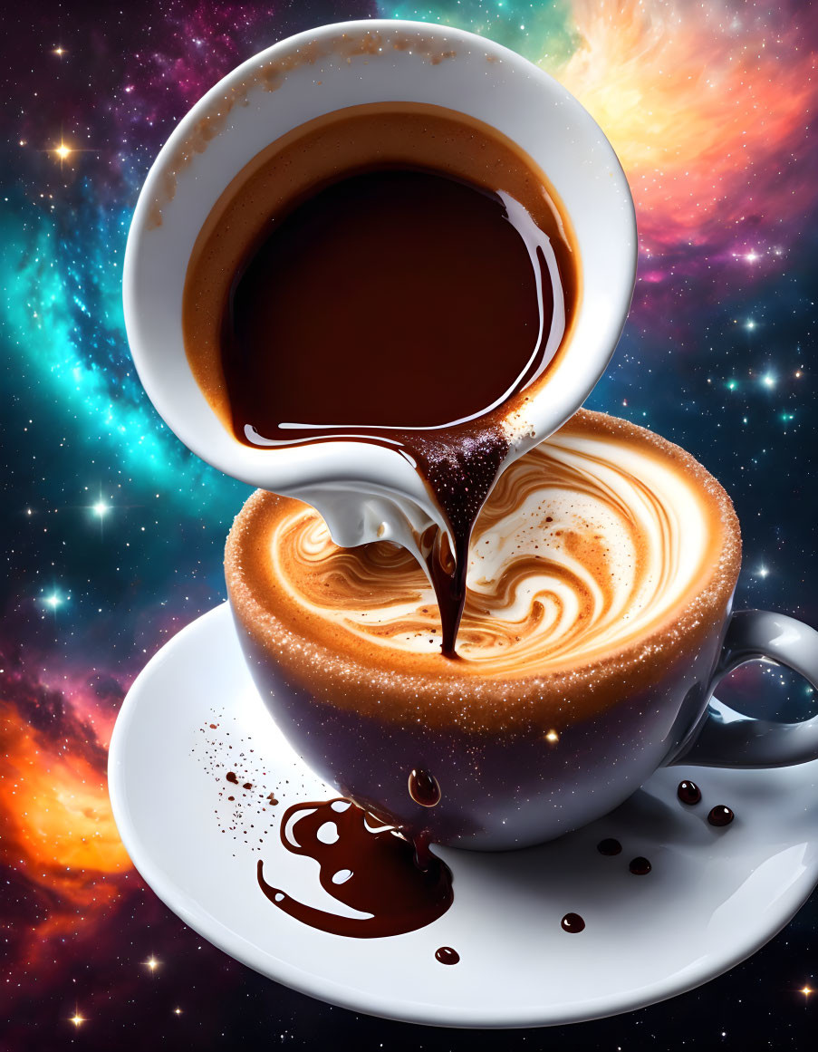 Cosmic galaxy background with coffee splash and cream swirl