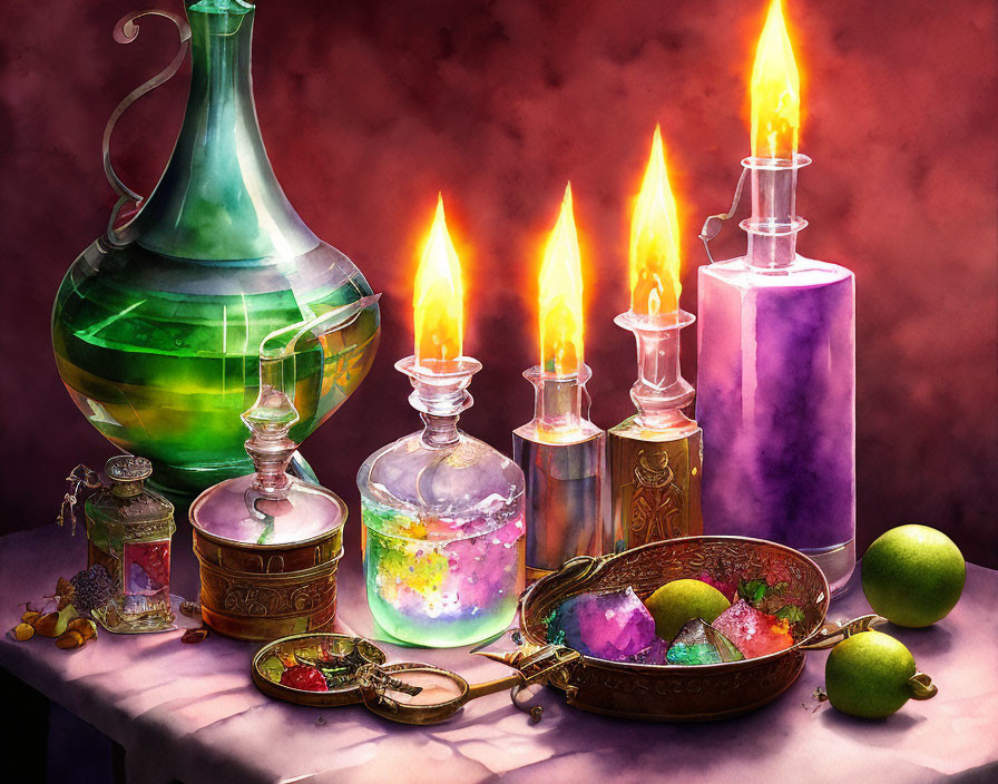 Detailed Still Life Composition with Green Decanter, Candles, Ornate Bottles, Brass Tray,