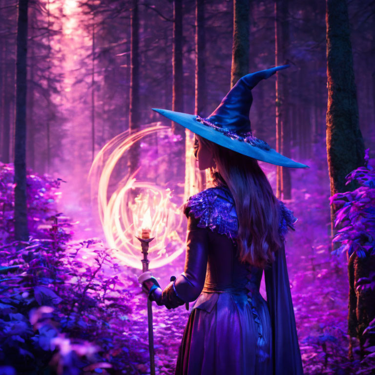 Person in Witch Costume Holding Glowing Orb Staff in Purple Forest