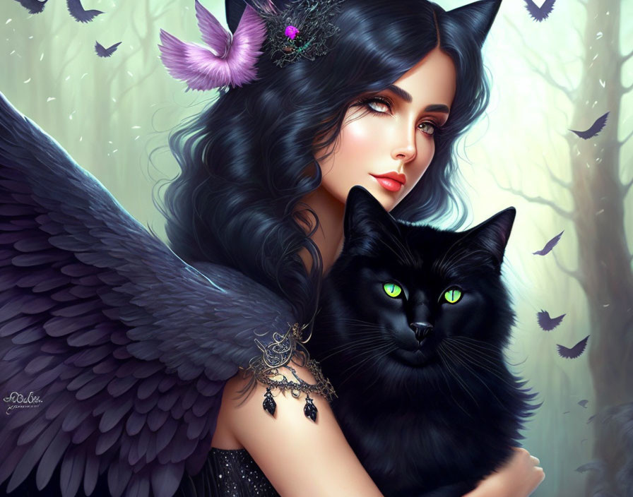 Dark-haired woman with wings holding a black cat amidst butterflies in forest setting