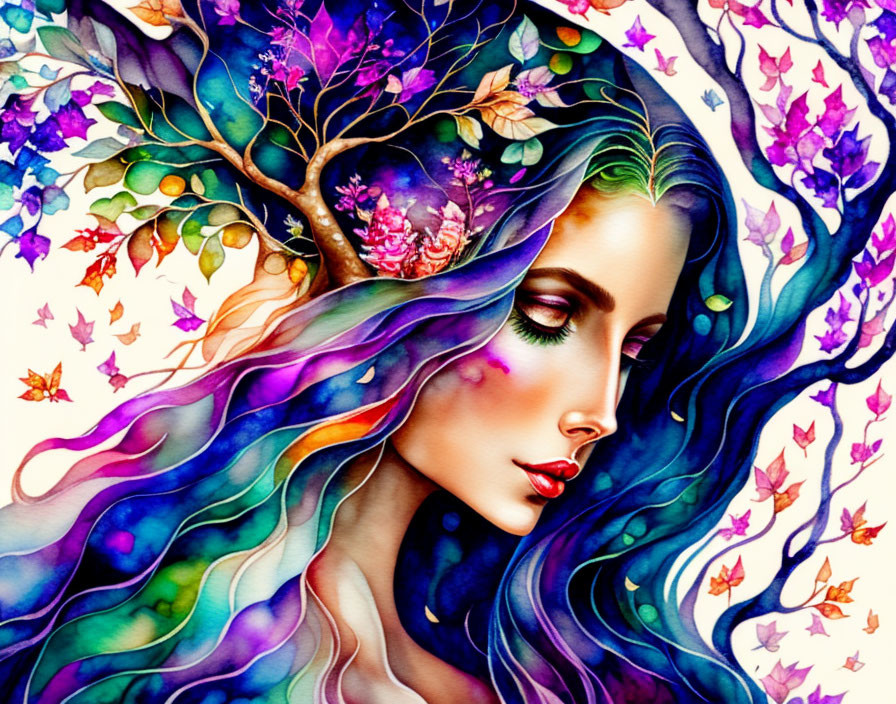 Colorful Watercolor Illustration of Woman with Flowing Hair and Trees