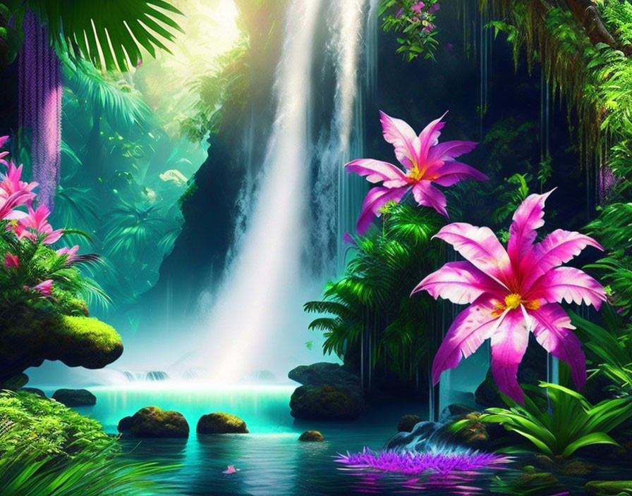 Tropical Waterfall with Pink Flowers and Sunlight