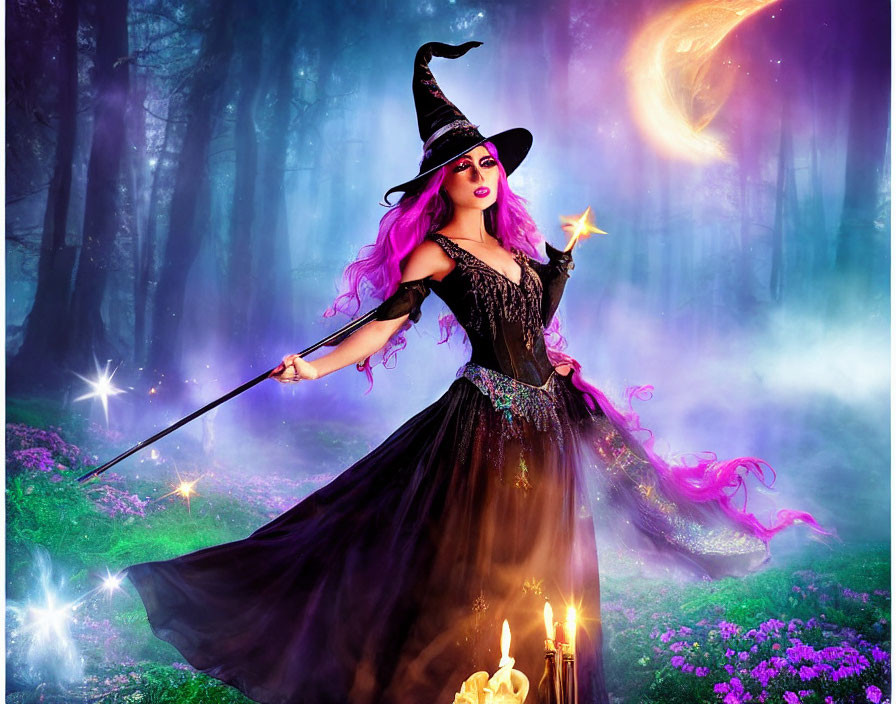 Person in witch costume with pointed hat and wand in enchanted forest with magical lights and spiral galaxy.